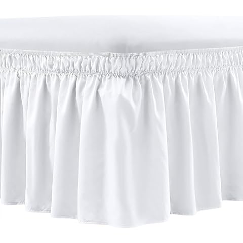 Bed Skirt Queen Size - Wrap Around Bed Skirt - Elastic Dust Ruffle - Easy Wrap Around Ruffle Skirt 15 Inch Depth - Easy Fit Wrinkle - Resistant Silk Luxurious Fabric 3 Sided Coverage White Solid Cover