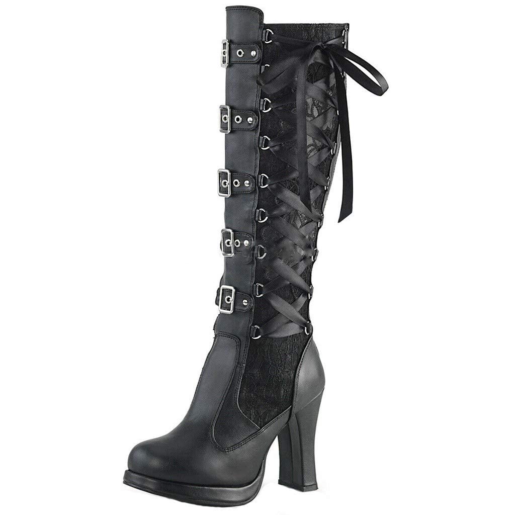 ZBYY Womens Chunky Heel Knee High Boots Vintage Punk Gothic Round Toe Lace up Ankle Buckle Chunky High