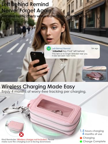 Image of Keychain, Works with Apple Find My, Key Finder Built-in Anti-Loss Tracker, Leather Car Fob Key Holder, Double-Layer Car Key Chains with Global Locator Tracking, Rechargeable (Pink)