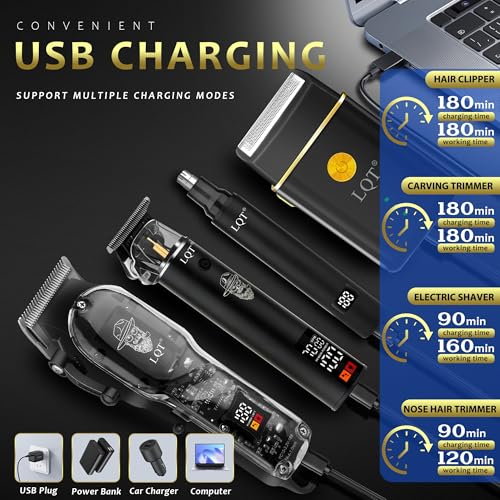 Image of Men's Professional Cordless Hair Clippers & Trimmer Kit, 4-in-1 Electric Shaver Set with LED Display, Waterproof Body Groomer, Nose Trimmer & T-Blade for Bald Head, Full Barber Kit (Gray)