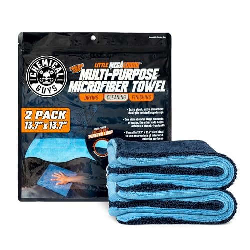 Image of Chemical Guys Little Megalodon Multi Purpose Microfiber Towel (2 Pack) 13.7 x 13.7 Inch - Ultra Plush Detailing Towels for Car Wash, Drying, Interior Cleaning, Glass, Dusting & Polishing