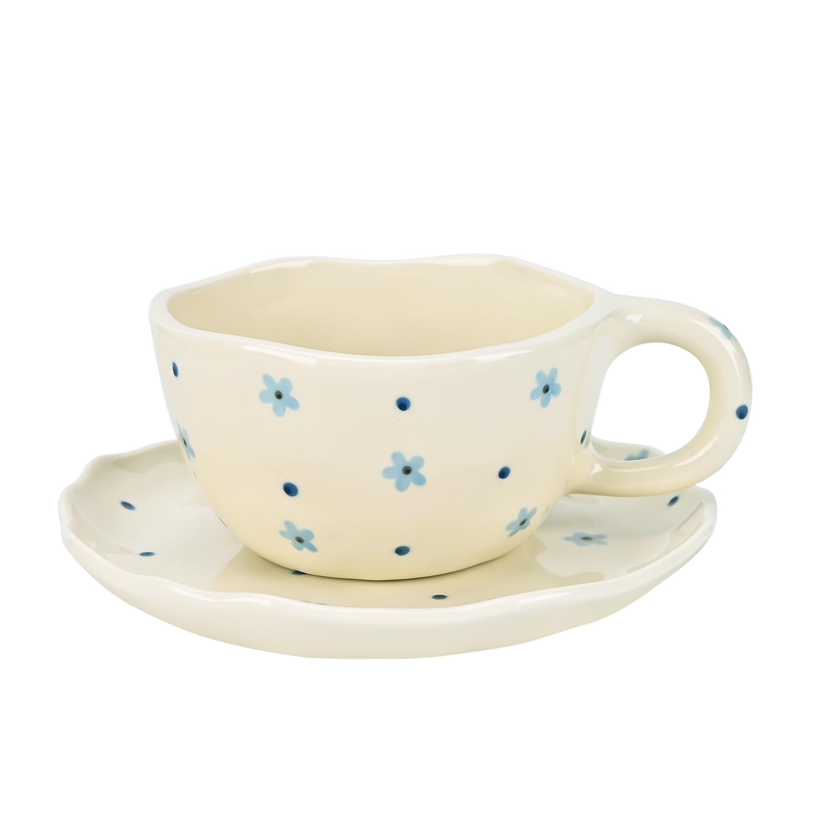 Koythin Ceramic Coffee Mug with Saucers, Handmade Flowers Mugs, Cute Cup for Girl Women, Aesthetic Tea Milk Cup with Handle, 8.5 oz/250 ml for Latte,