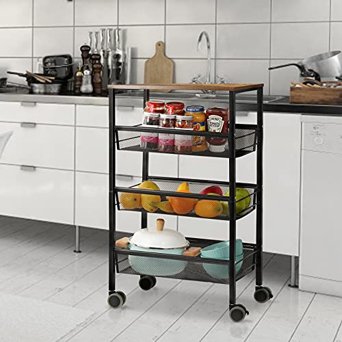 Rolling Kitchen Storage Cart for Narrow Spaces, 4-Tier Island Cart with Wooden Shelves and Lockable Baskets, Black