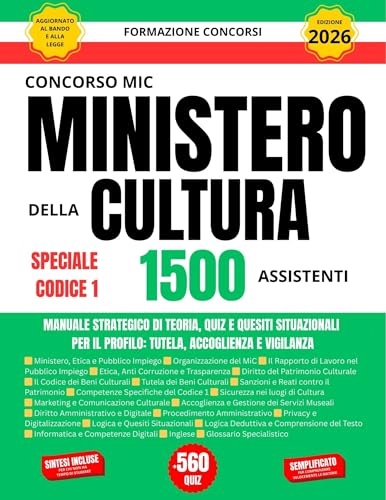 Concorso MIC 2026: 1500 Assistenti Ministero della Cultura Cod. 1. Manuale Strategico. Teoria, Quiz e Quesiti Situazionali per il profilo Tutela, Accoglienza e Vigilanza. Aggiornato al Bando
