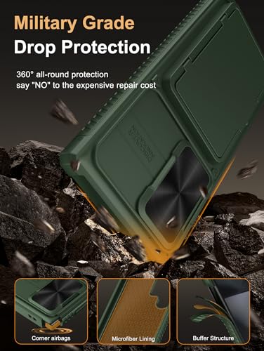 Image of Vihibii PC For Samsung Galaxy S24 Ultra Back Cover With Card Holder (4 Cards) & Slide Camera & Kickstand, Shockproof Case For Samsung S24 Ultra, Green