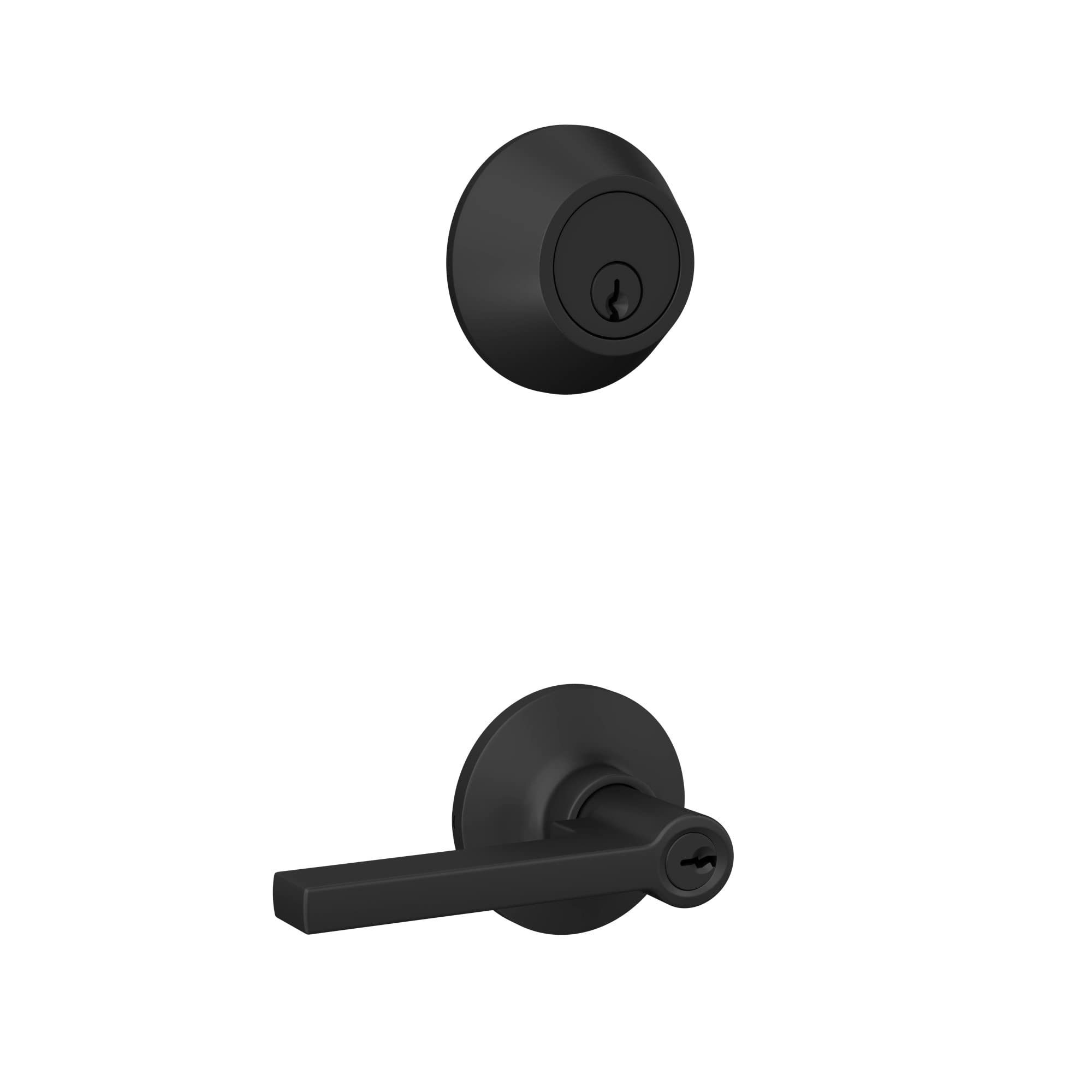 Lock Scout Straight Lever with Round Trim Keyed Entry Door Handle and Single Cylinder Deadbolt, Matte Black Finish