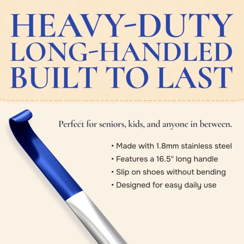 Image of HOUNDSBAY 16.5 inch Long Handled Metal Shoe Horn with Comfort Grip - New 2019 Model with 1.8mm Thick Steel - Will Not Bend