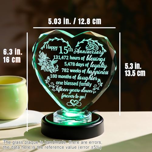 Arikyrist 15th Wedding Anniversary Crystal Gifts for Wife Glass Happy 15 Years Anniversary Heart Keepsake Ornament with LED Base 15th Anniversary Presents for Couples Friends - Image 4