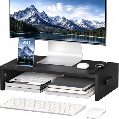 BONTEC Monitorständer 42 cm mit Handyhalter für Laptop und Drucker, Schwarz | Ergonomischer PC Bildschirm Ständer mit Kabelführung für Computer, Notebook und iMac, für einen aufger