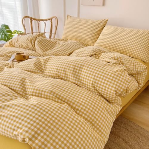 Image of LifeTB Yellow Gingham Comforter King Comforter Set Geometric Checkered Plaid Bedding Comforter with 2 Pillowcases Fluffy Soft Lightweight Bedding Boho Grid Plaid Comforter Set King for All Seasons