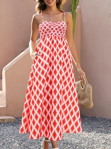 Image of Gardenwed Women's Floral Print Maxi Dress,Spaghetti Strap Smocked Bodice A-Line Sundress with Pockets