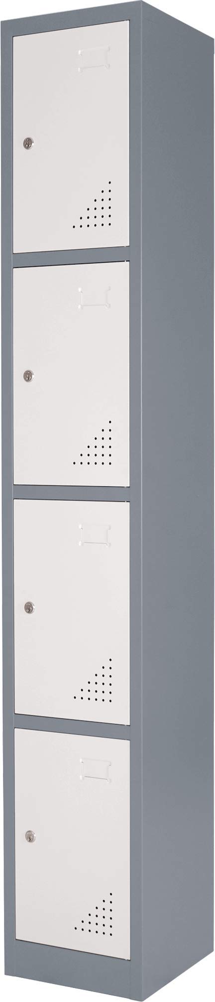 The Workplace Depot 4 Door Heavy Duty Locker β 1800mm High, 300mm Wide, 300mm Deep, Grey-White β Reinforced Steel, Ventilated, Key Cam-Lock β Secure Storage for Offices, Warehouses, and Schoolsβ