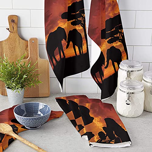 Kitchen Towels Set Sunset Safari Theme Dish Towel Mother And Baby African Elephants Hand Towel 2 Pack Absorbent Soft Cotton Dishcloths Bar Towels & Tea Towels #TOP2