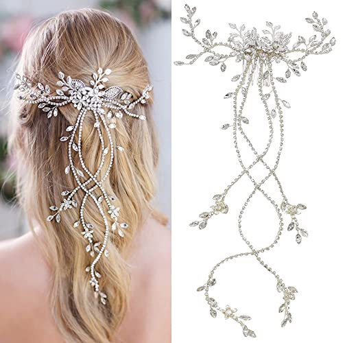 Wedding Bridal Hair Comb - Leaf Flower Crystal Bridal Hair Accessories - Silver Gold Headpieces for Women Wedding (Silver)