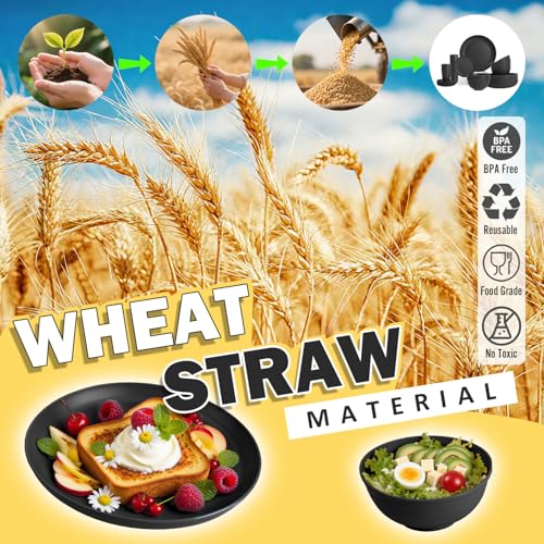 Image of Wheat Straw Dinnerware Sets for 8, 32 PCS Unbreakable Plates and Bowls Sets, Reusable Dinnerware Set for Kitchen Outdoor and Apartment Dinning Essentials - Black