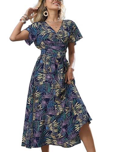 Women's Boho Summer Wrap Maxi Dress Casual Floral V Neck Ruffle Short Sleeve Beach Long Dresses