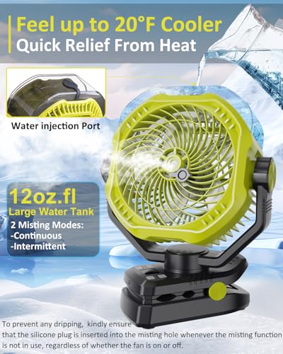 Image of Portable Rechargeable Misting Fan with 12oz Mist, Battery Life Display, Remote, Timer, Light, 5 Speeds, 9-Inch, 10000mAh 60H Battery Powered Clip Fan for Stroller, Travel, Outdoor, Poweroutage