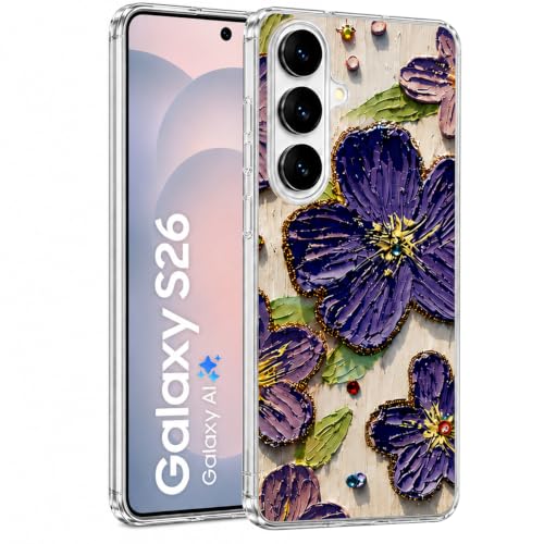Image of Elzzi Compatible with Samsung S26 Case Laser Flower Oil Painting Cute Colorful Blue Ray Bumper with Full Camera Protection Shockproof PC+TPU Glossy Shiny Cover for Girls Women, Purple
