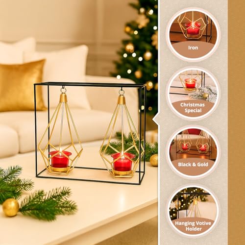 Image of MARKET 99 Nordic Style 2 Pcs Hanging Cage T-Light Holder with Stand | Black Metal Rectangular Frame with Diamond Holders | Perfect for Home, Xmas & Christmas Decor, Living Room & Festive Decoration