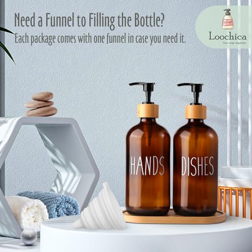 Image of LOOCHICA Amber Glass Soap Dispenser Set with Tray, Amber Dish and Hand Soap Dispenser Set, Refillable Reusable Apothecary Soap Pump Dispenser Bottles for Bathroom and Kitchen