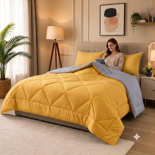 Image of 220 GSM Comforter Set Double Bed | Microfiber Reversible AC Blanket Duvet Quilt for Double Bed King Size for Summer (Yellow & Silver)