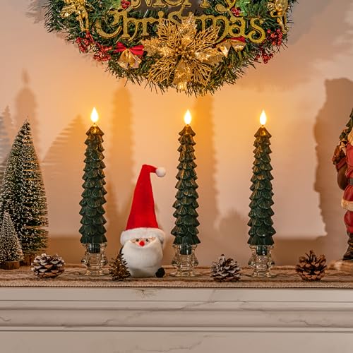 Image of Homemory 3 Pcs Christmas Tree Candles with Remote, Waxy Flameless Taper Candles Flickering, Green LED Candlesticks Battery Operated for New Year Celebration Holiday Decorations 9.7 Inches