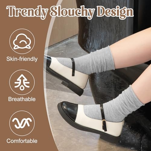 Image of Chalier 5 Pairs Slouchy Socks for Women, Soft Cotton Crew Socks | Breathable Blend, Elastic Cuff, Cute Roll Top, Calf Scrunch Tube, Easy Pull On, Flexible Stretch Motion, Casual Daily Wear