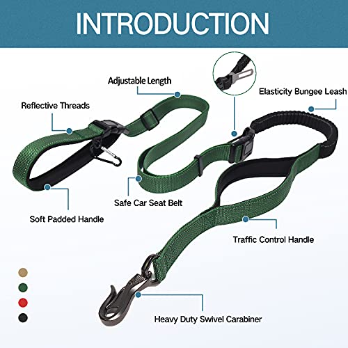 Los Andes Heavy Duty Dog Leash, 5-8 Ft Walking Leash, Traffic Handle Extra Control, Shock Absorbing Bungee Leash With Car Seat Belt Buckle, Reflective Dog Lead For Medium And Large Dogs, Green #TOP2