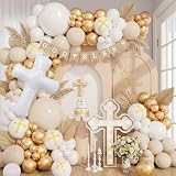 Baptism Decorations First Communion Balloons Kit, 158 Pcs White Sand White and Gold Balloons with Cross Balloon for First Holy Communion God Bless Christening Birthday Party Supplies