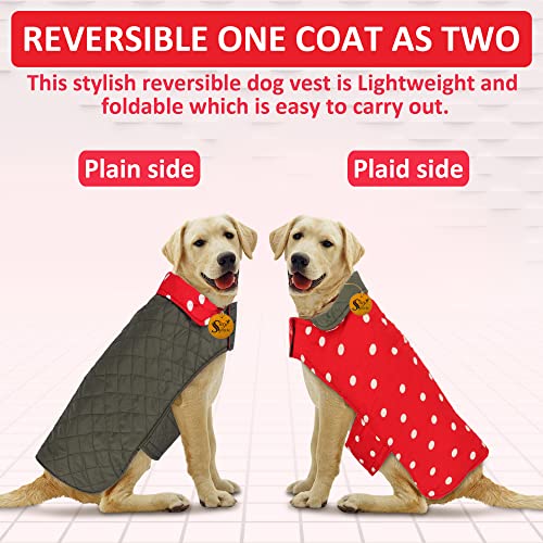 Image of Sage Square Dual-Sided Polka Dot Dog Jacket - Protective Cold-Weather Gear for Pets, Lightweight, Cushioned, Designed for Warmth & Comfort Indoors or Outside (Large - 26 Inches, Red and Grey)