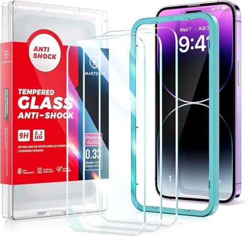 SMARTDEVIL 3 PCS Protector de Pantalla para iPhone 14 Pro 6.1 Pulgadas, Vidrio Templado con Kit de Montaje, Vidrio Templado Antihuellas, Dureza 9H, Super Resistente a la Abrasión y Transparente