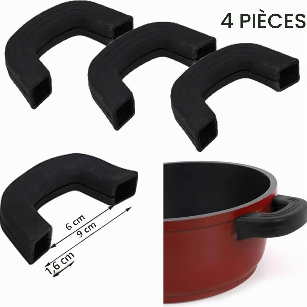 Poignée de Marmite en Silicone Résistant à la Chaleur - Lot de 2 Paires - Protège-Poignée Anti-dérapant et Isolant pour Casserole, Poêle, Wok, Plat Four et Ustensiles de Cuisson,Noir