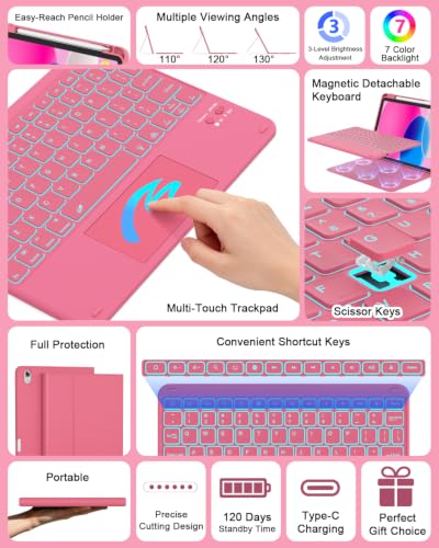 Image of RAYMCRAFT for iPad (A16) 11th /10th Generation Case with Keyboard, 7 Color Backlit, Multi-Touch Trackpad, Folio Case with Pencil Holder, Detachable Wireless Keyboard for iPad (A16) 11th /10th, Hot Pink