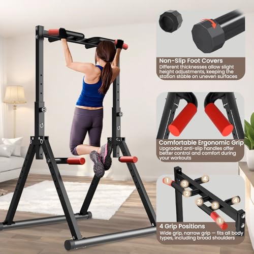 Image of WATBKHE Power Tower Pull Up Dip Station Foldable, Pull Up Bar Station Adjustable, Multi-Function Home Gym, Strength Training Fitness Equipment, Triangular Design, for Home Outdoor