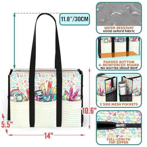 Image of 84hoods Multi-Pocket Tote Bag for Women. Gift for Teachers. Waterproof Shoulder Bag with Multiple Convenient Pockets and Zipper for Travel, Work, Grocery. Tiny Humans.