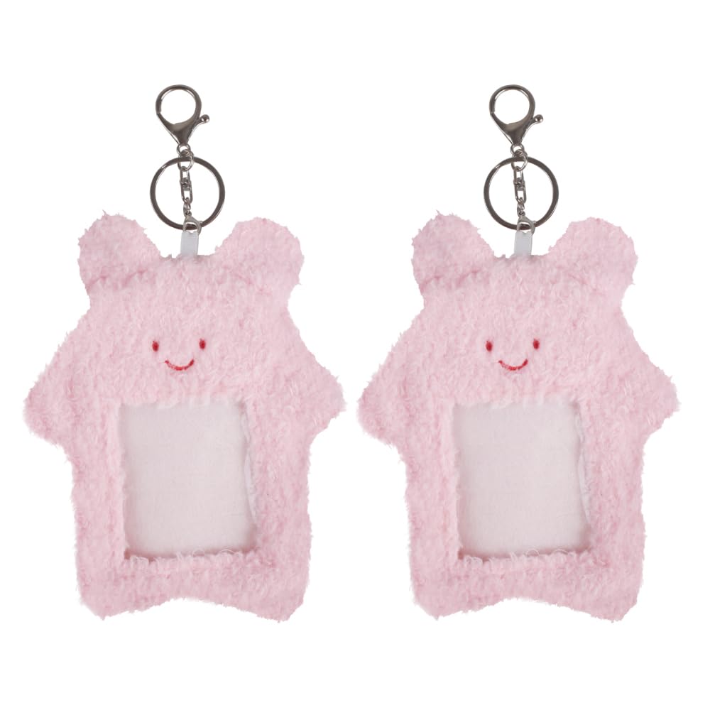 Bdkmms Pink Rabbit Cute Photocard Holder, 2Pcs Cartoon Plush Card Sleeves With Keychain Kawaii Cat Card Cover For Credit Bank Bus Student Card Id Badge