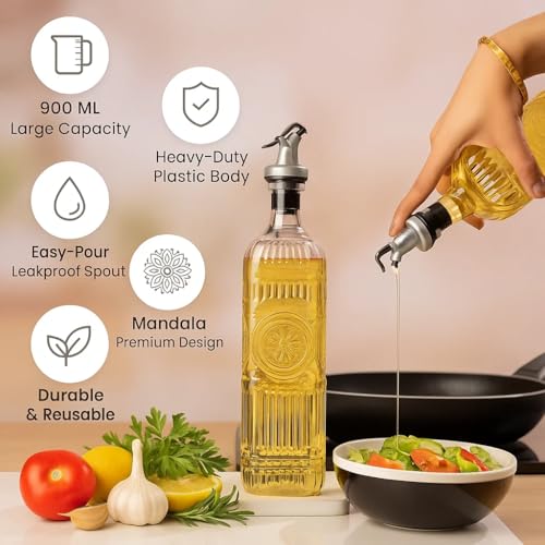 Image of 900ML Oil Dispenser Bottle | Heavy Premium Plastic Oil Pourer with Mandala Design | BPA-Free, Leakproof Cooking Oil Container with Easy Flow Spout for Kitchen (Transparent) (Mark 2)