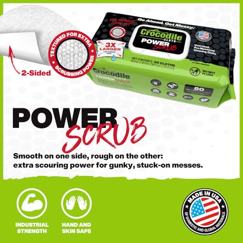 Image of Crocodile Cloth PowerSCRUB Cleaning Wipes - 80 (15 inch x 10 inch) Dual-Surface Cloths, Heavy-Duty, Moist, Absorbent, & Disposable - Safe on Skin & Multiple Surfaces