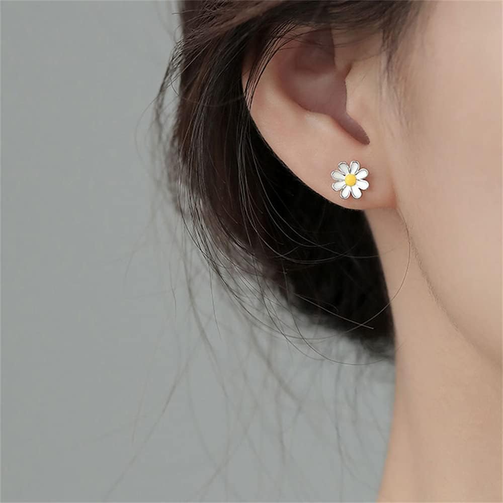 Summer Daisy Sunflowers White Enameled Small Stud Earrings Dainty 925 Sterling Silver Cartilage Tiny Flowers Studs Hypoallergenic Piercing Earrings Women Daughter New Year Birthday