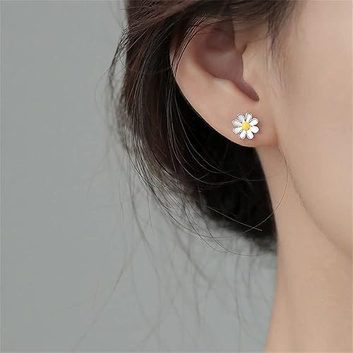 Miniatura 5 de Aretes pequeños esmaltados de verano con margaritas y girasoles blancos delicados de plata de ley 925, cartílago de flores pequeñas, aretes