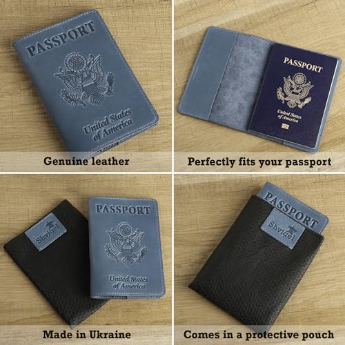 US Leather Passport Book Cover - Thin American Travel Passport Holder - Premium International USA Passport Protector Case for Women Men (Light Blue Vintage)3