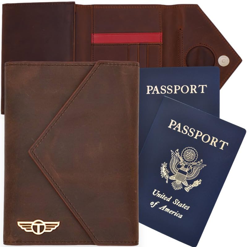 Hidden AirTag Full Grain Leather Passport Holder for Men & Women - RFID Protected Travel Wallet Passport Cover with Free Lost & Found Service (Brown)