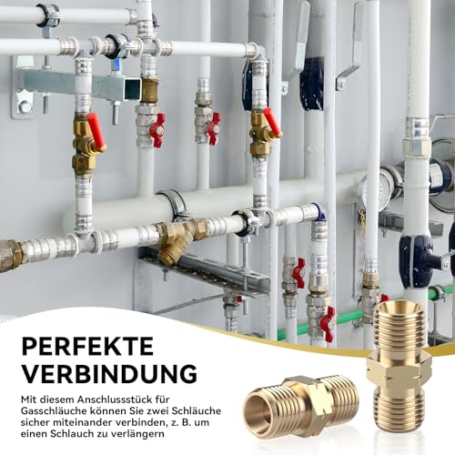 MOKIDO 4 Stück Gasschlauch Verbinder 1/4’’ AG Links Messing Doppelnippel – Gasanschluss Adapter, Schnellkupplung, Gasschlauch Adapter für Propan, Gaskocher, Solaranlagen