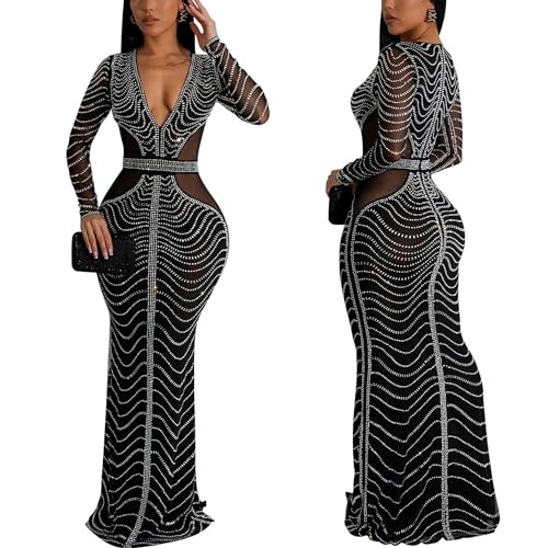 Image of PORRCEY Women's Sexy Elegant Rhinestone Bodycon Dress Hot Drilling Clubwear