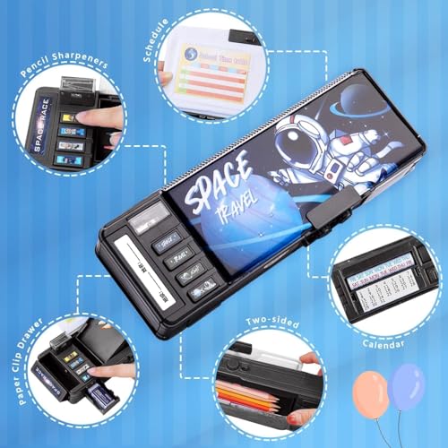 Image of Parshya Plastic Password Lock School Students Pencil Box with Inbuilt Sharpener, Cute Cartoon Stationary Compass for Boys, Geometry Case for Kids Girls, Best for Gifts (Password Space Travel Black)