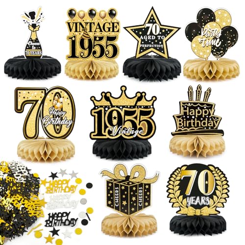 9 peças decoração de aniversário 70 anos centros de mesa favo e confetes ornamento dourado e preto estilo vintage presente para festa de 70 anos