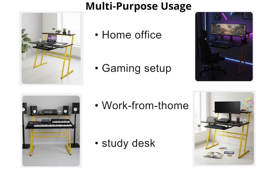 Image of FFO Music Studio Desk with Keyboard Tray Multipurpose Office & Study Table | Workstation Desk for Home, Office, Music Studio, Piano & Instruments Durable Desk with 1 Year Warranty DIY - Black /Yellow