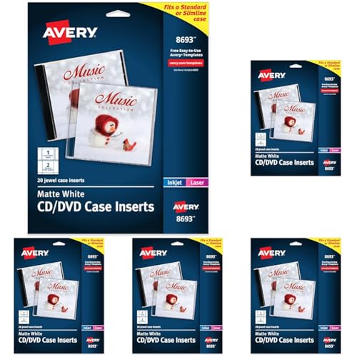 Image of Avery Printable CD Jewel Case Inserts, Matte White, Laser & Inkjet Printer Compatible, 20 Standard and Slimline Inserts, Ideal for CDs, DVDs, Presentations, Portfolios, and More (8693) (Pack of 5)