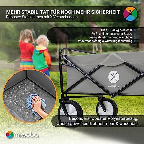 Miweba Faltbarer Bollerwagen MB-35 | Traglast 120 Kg - Klappbar - Handwagen faltbar - Transportwagen für Kinder - Kinderwagen - Gartenwagen - Wagen - Strandwagen - Faltwagen (Grau)