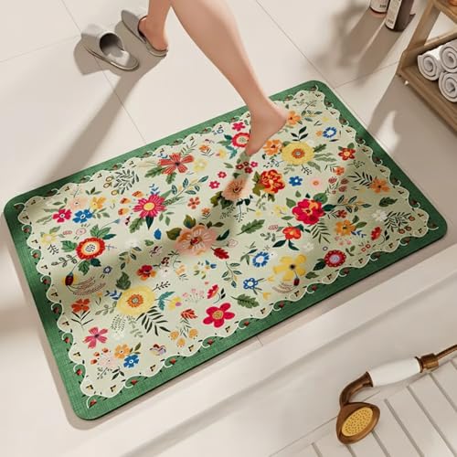 Image of MAXOSHINE PVC Bathroom Mats Anti Slip | Water Absorbent Bath Floor Mat | Quick Dry Anti Skid Bathroom Mats for Home | Door Mat for Wet Area 40x60 CM (Floral Green)